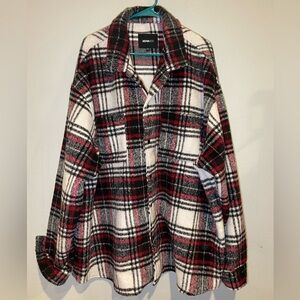 Men’s Plaid Button-Up Shirt - Burgundy, White and Black
